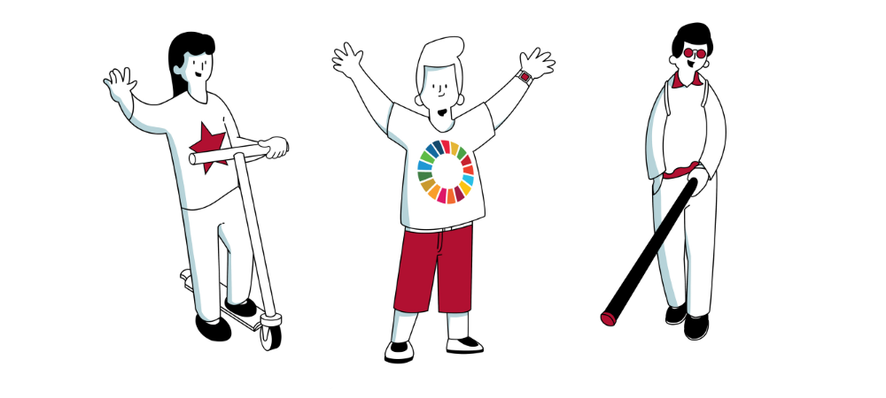 On the left: A girl using a scooter waving her right hand, wearing a white t-shirt with a red star in the middle. In the middle: A boy with a logo of UN SDGs standing with his arms in the air, wearing red shorts. On the right: A boy wearing glasses and smiling, he is empowered with a walking stick. On the left: A girl using a scooter waving her right hand, wearing a white t-shirt with a red star in the middle. In the middle: A boy with a logo of UN SDGs standing with his arms in the air, wearing red shorts. On the right: A boy wearing glasses and smiling, he is empowered with a walking stick.