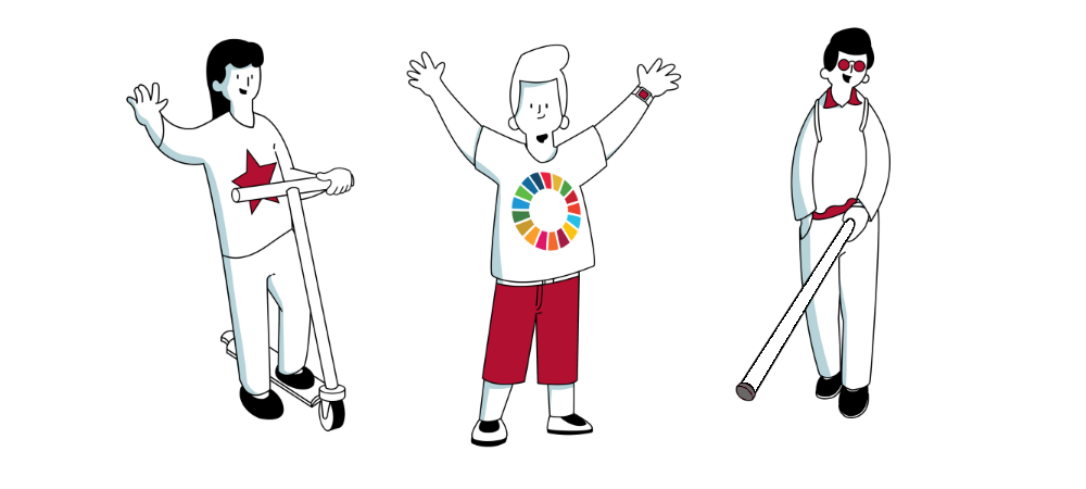 On the left: A girl using a scooter waving her right hand, wearing a white t-shirt with a red star in the middle. In the middle: A boy with a logo of UN SDGs standing with his arms in the air, wearing red shorts. On the right: A boy wearing glasses and smiling, he is empowered with a walking stick. On the left: A girl using a scooter waving her right hand, wearing a white t-shirt with a red star in the middle. In the middle: A boy with a logo of UN SDGs standing with his arms in the air, wearing red shorts. On the right: A boy wearing glasses and smiling, he is empowered with a walking stick.